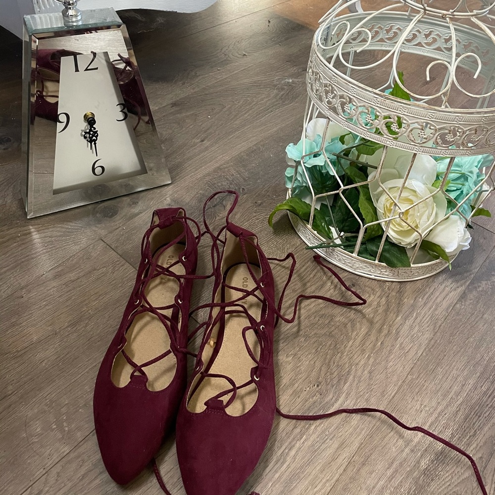 Burgundy lace up flats